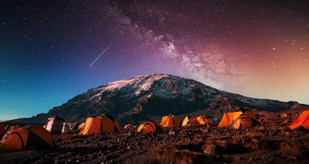 Panorama von Zeltlager vor dem Kilimandscharo Gipfel mit atemberaubenden Sternenhimmel