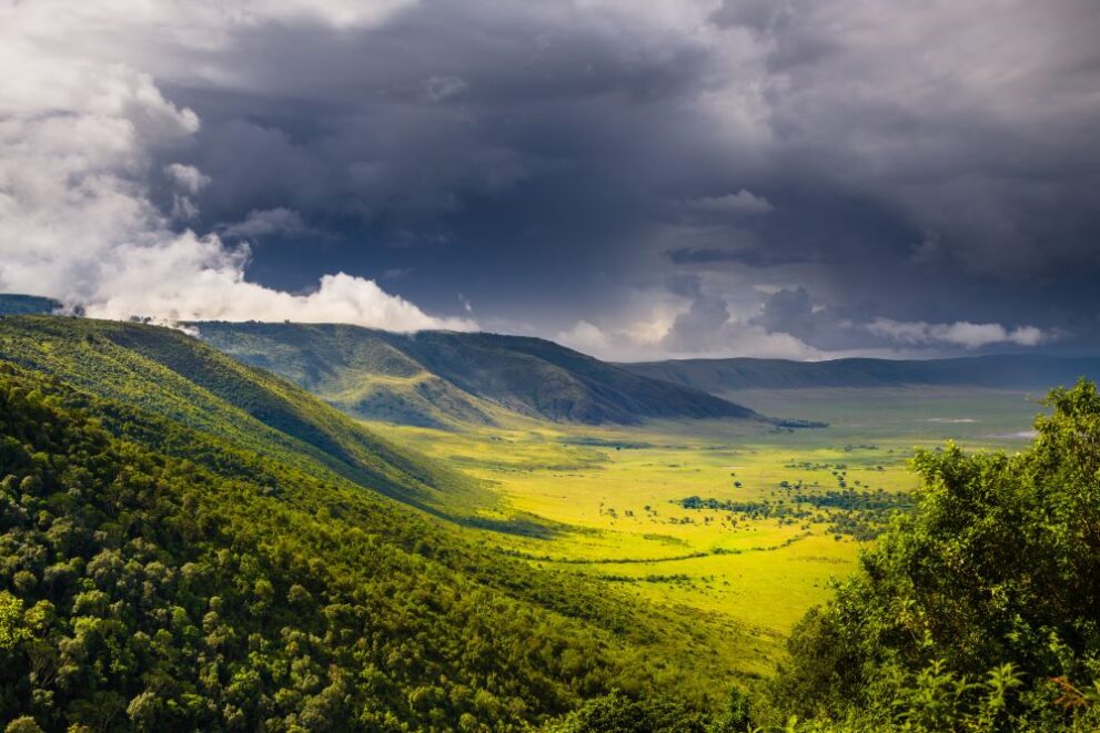 Majestätische Landschaft vom Kratergipfel auf den Ngorongoro Krater in Tansania