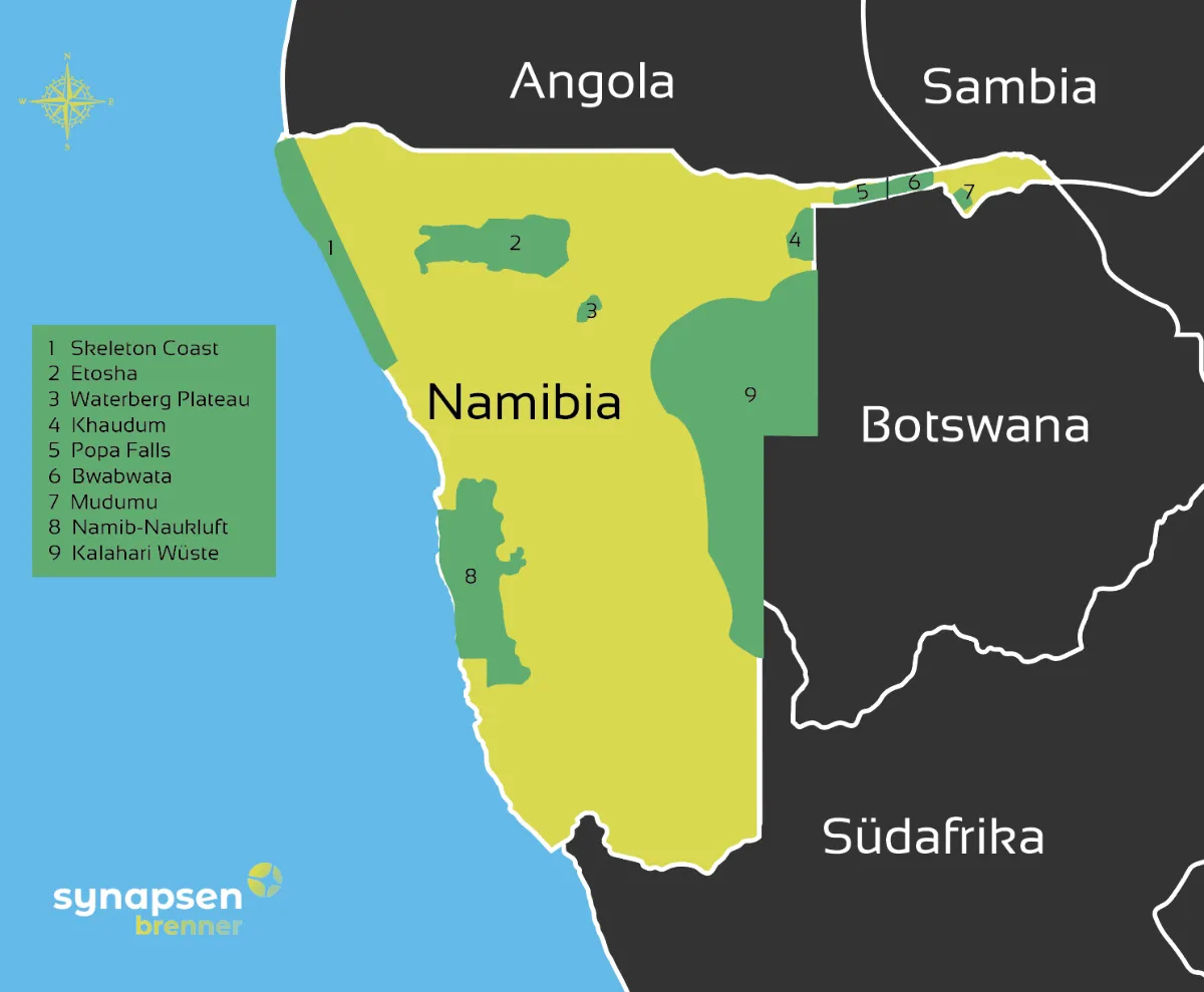Karte zu allen Nationalparks in Namibia