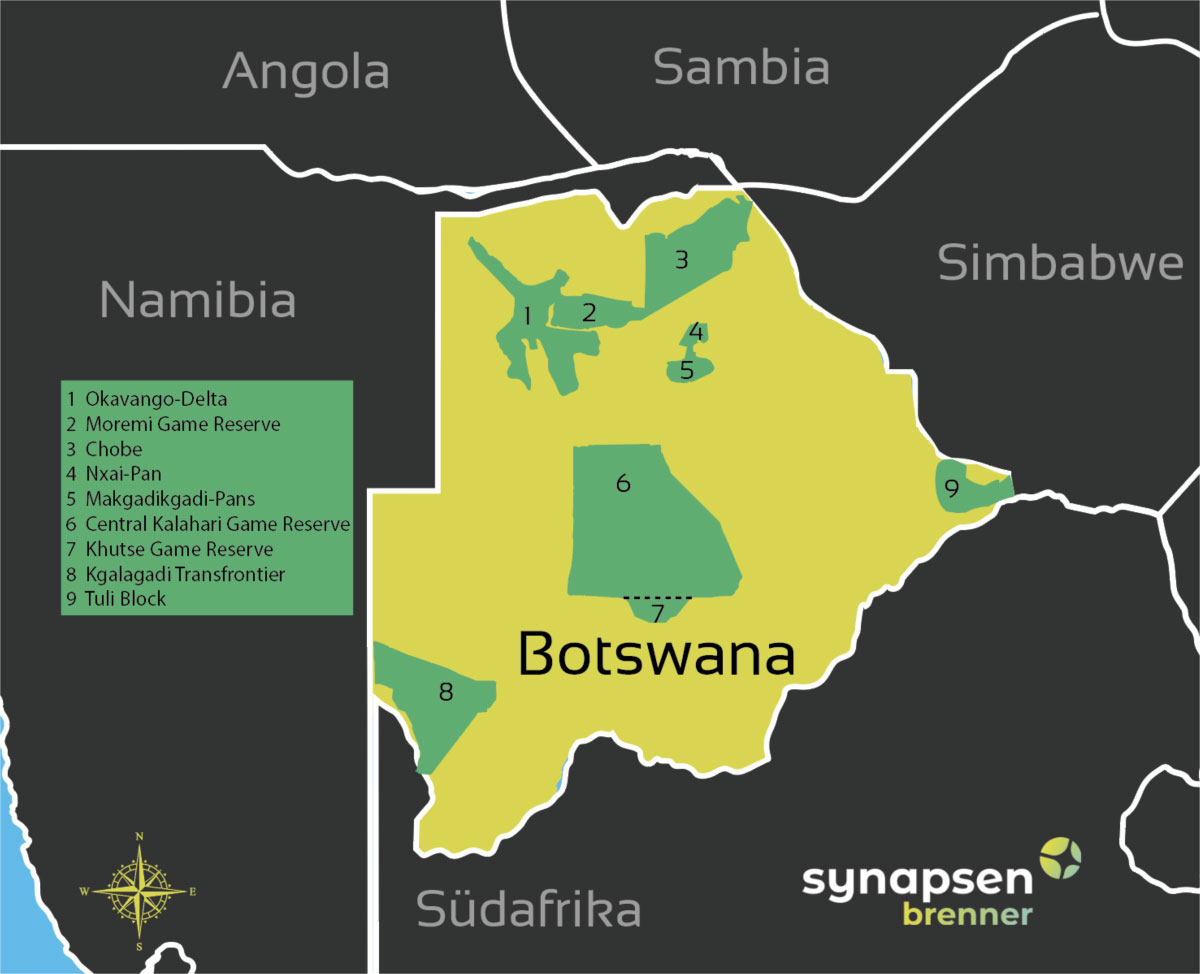 Karte zu allen Nationalparks in Botswana