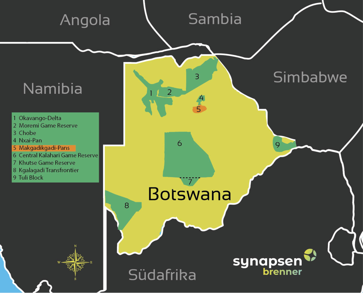 Karte zum Makgadikgadi Pans Nationalpark in Botswana