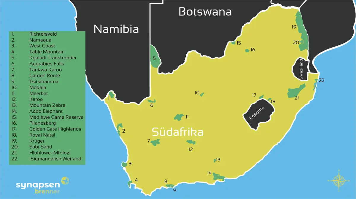 Karte zu den schoensten Nationalparks in Südafrika