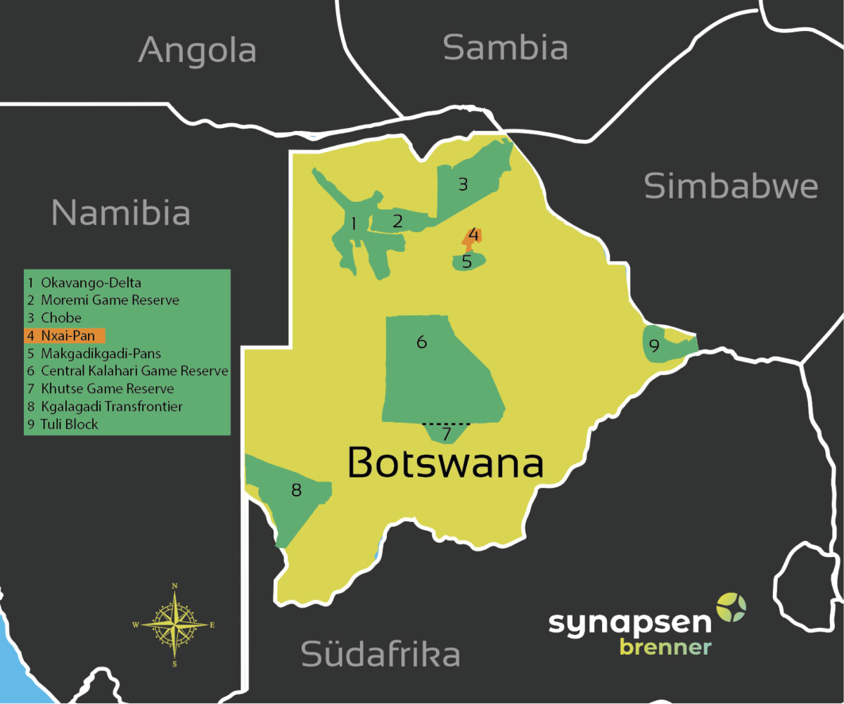 Karte zum Nxai Pans Nationalpark in Botswana