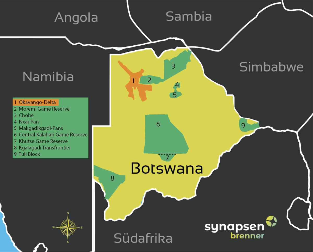 Karte zum Okavango Delta in Botswana