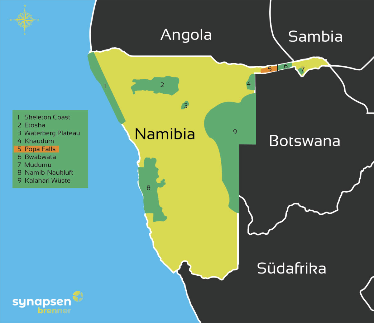 Karte zum Popa Falls Nationalpark in Namibia