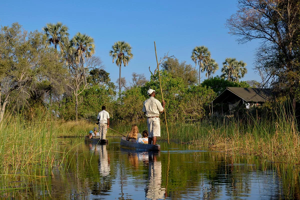 Mokoro Boote auf dem Fuss im Okavango Delta.