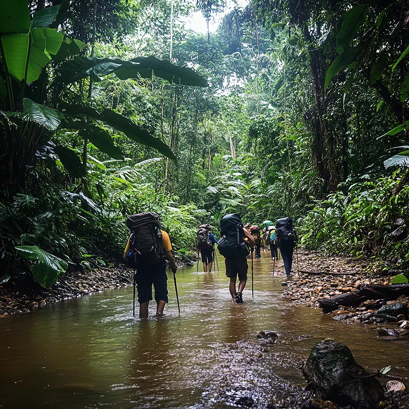 Wanderer mit Rucksäcken durchqueren einen Fluss im dichten, grünen Regenwald. Abenteuer und Natur pur!