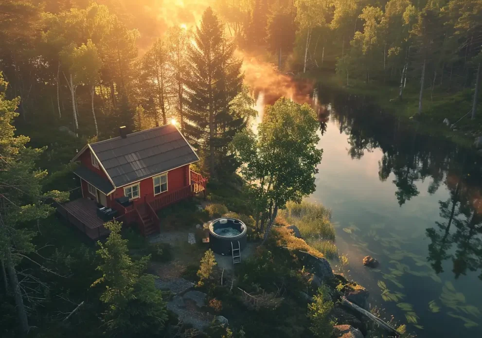 Schwedische Hütte mit Hut Tub am See