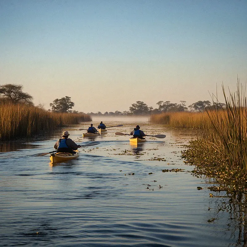 Kajakfahrer paddeln durch das Okavango Delta mit Schilf, umgeben von sanftem Morgennebel und blauem Himmel.