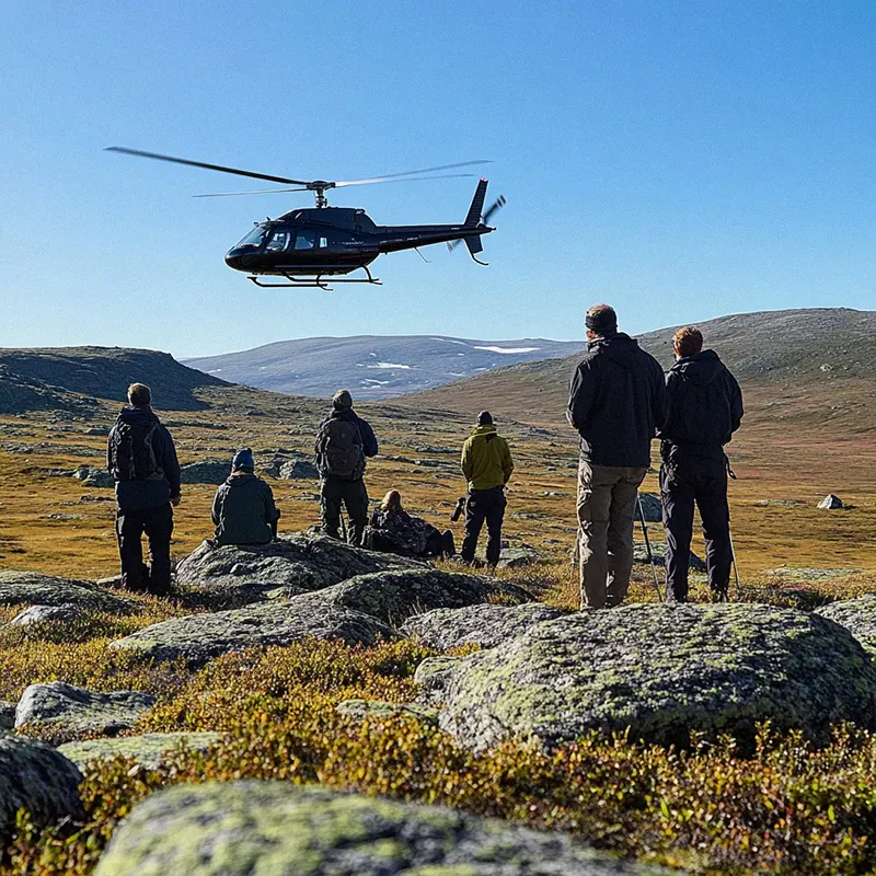 Gruppe von Wanderern schaut zu einem landenden Hubschrauber in einer weitläufigen, bergigen Landschaft.