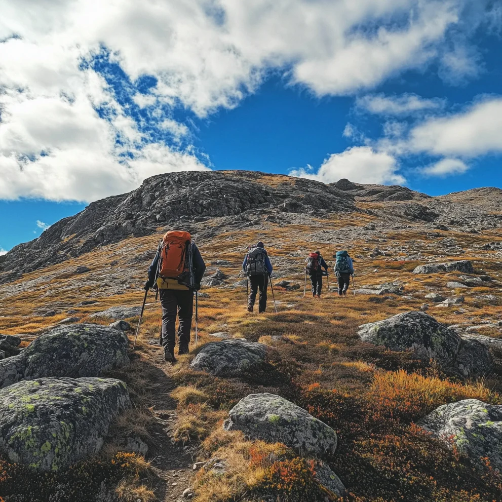 Wanderer erklimmen felsigen Bergpfad unter blauem Himmel, umgeben von Herbstlandschaft und leichten Wolken.