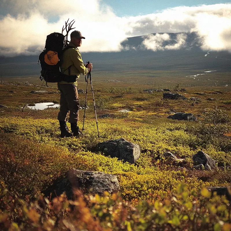 Ein Wanderer mit großem Rucksack und Wanderstöcken in einer weiten, bewaldeten Landschaft mit dramatischen Wolken.