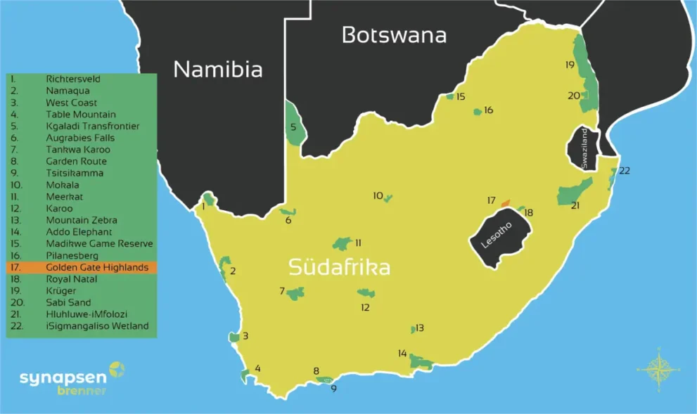 Karte von Südafrika mit nummerierten Nationalparks und Nachbarländern, Namibia, Botswana und Lesotho markiert.